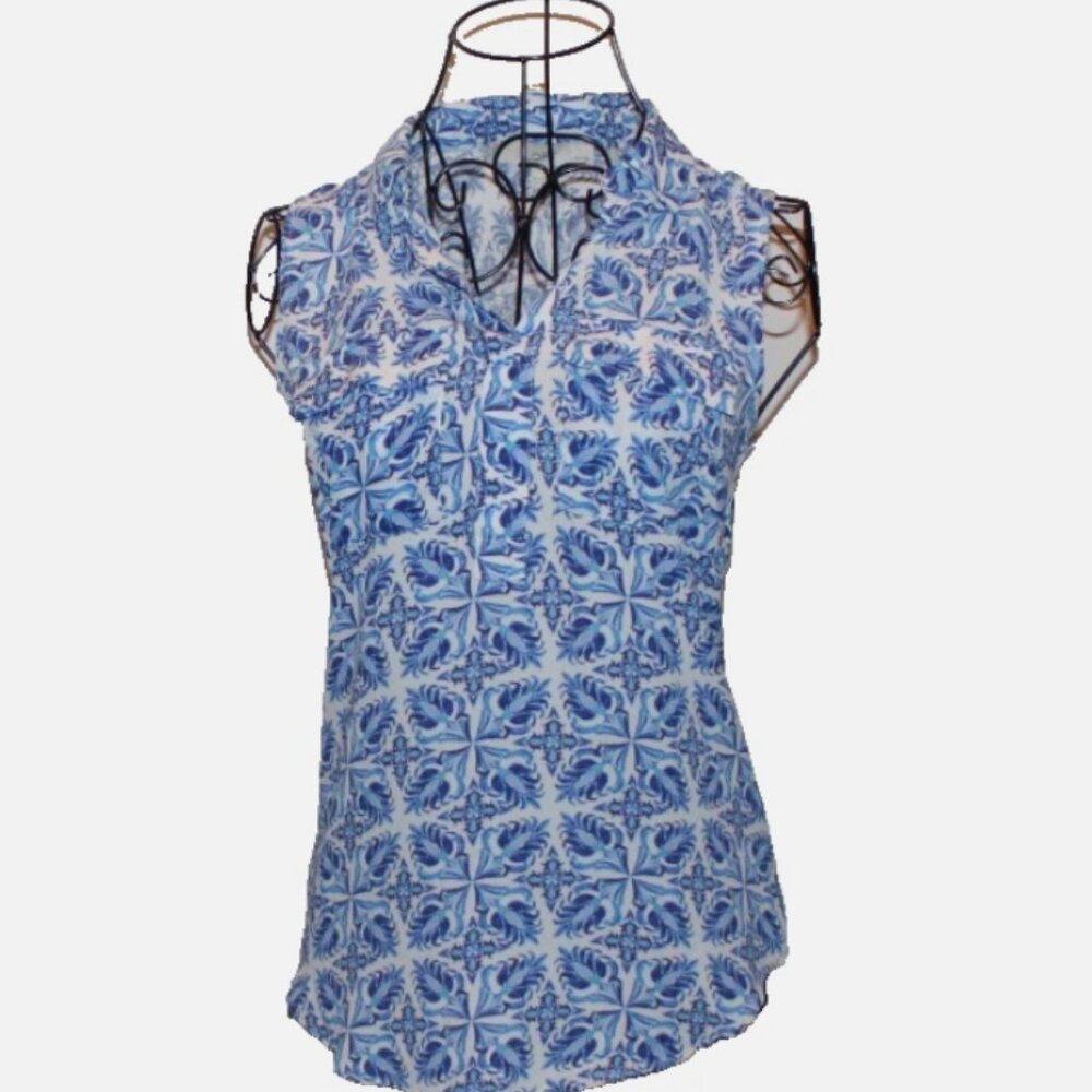 Loft Blue and White Blouse Sleeveless Pullover Top Front Pockets XS Petite